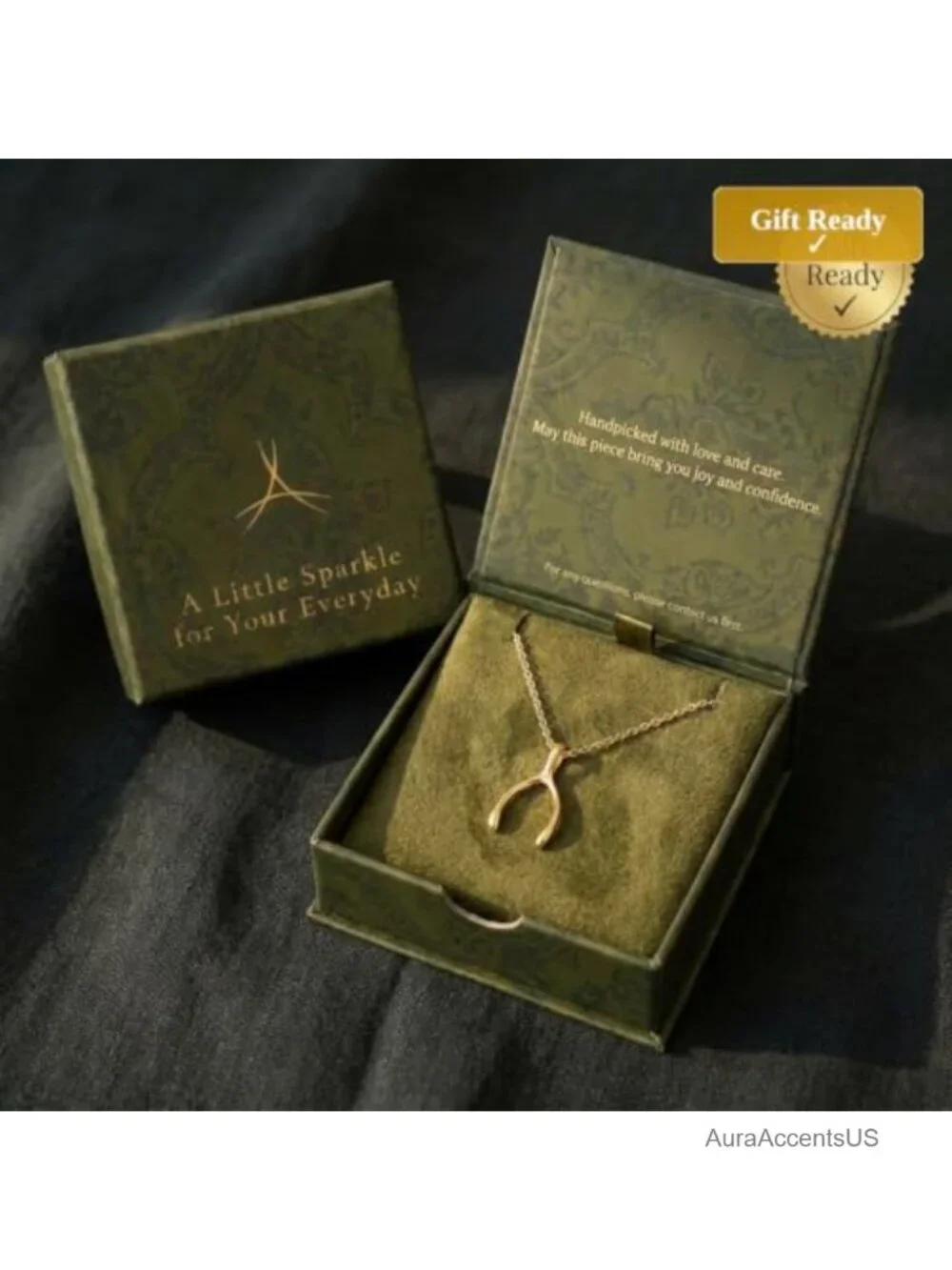 14K Gold Plated Wishbone Pendant Necklace Dainty Cable Chain